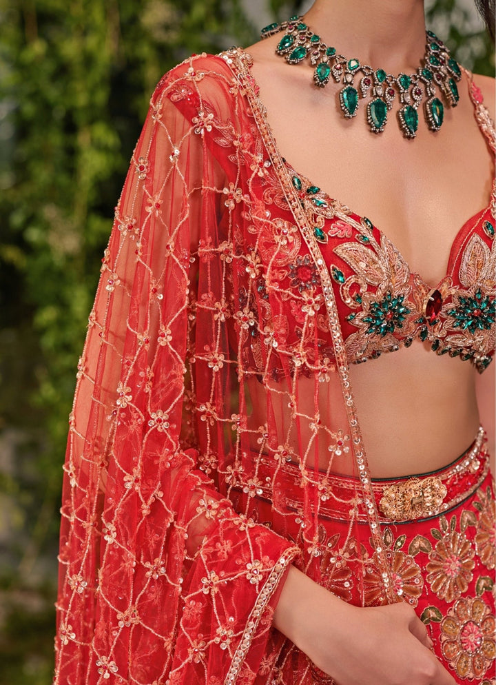 Jigar and Nikita Red Floral Silk Bridal Lehenga SetFabilicious Fashion