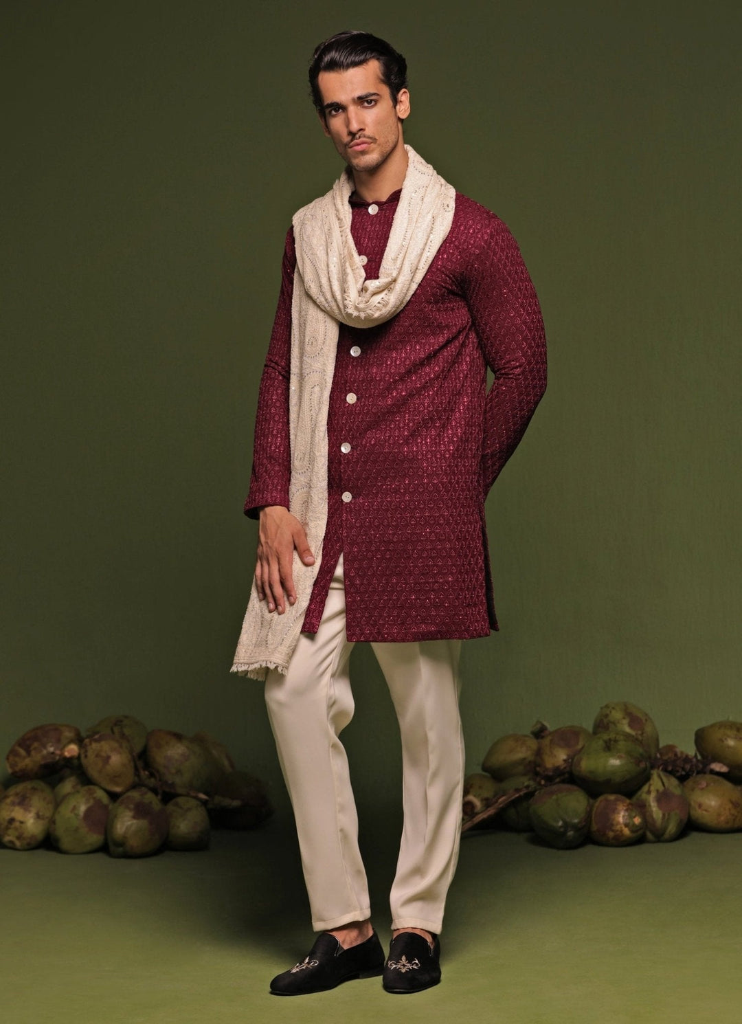 Red Front - Open Kurta Pant Set With Embroidered Dupatta Kalpraag - Fabilicious Fashion