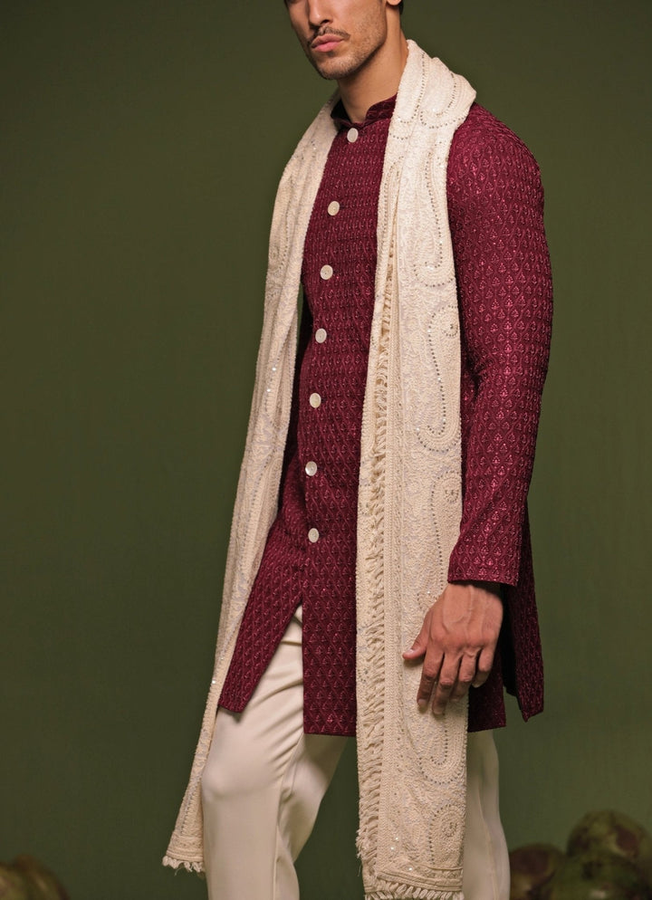 Red Front - Open Kurta Pant Set With Embroidered Dupatta Kalpraag - Fabilicious Fashion