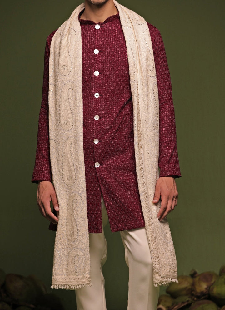 Red Front - Open Kurta Pant Set With Embroidered Dupatta Kalpraag - Fabilicious Fashion
