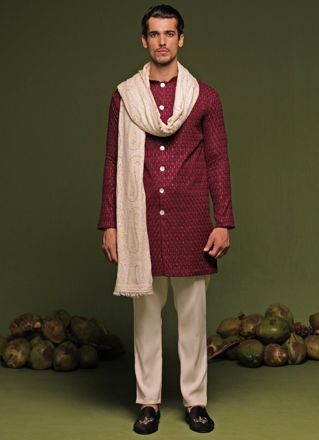 Red Front - Open Kurta Pant Set With Embroidered Dupatta Kalpraag - Fabilicious Fashion