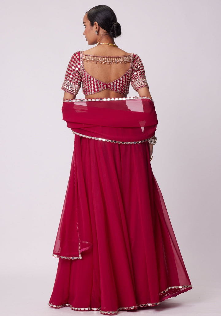 Red Georgette Lehenga Pants With Embroidered Elbow Sleeves Blouse Vvani by Vani Vats - Fabilicious Fashion