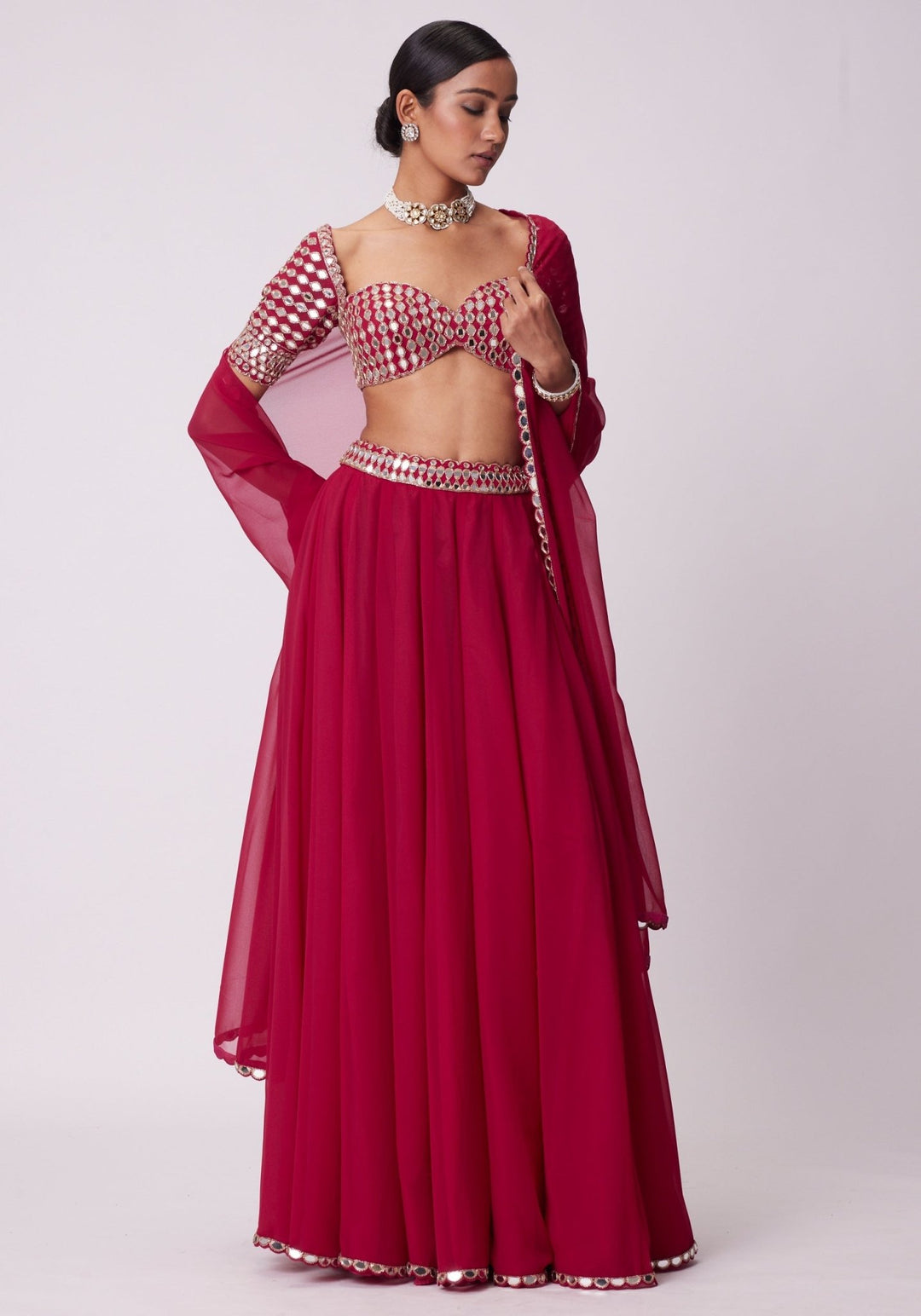 Red Georgette Lehenga Pants With Embroidered Elbow Sleeves Blouse Vvani by Vani Vats - Fabilicious Fashion