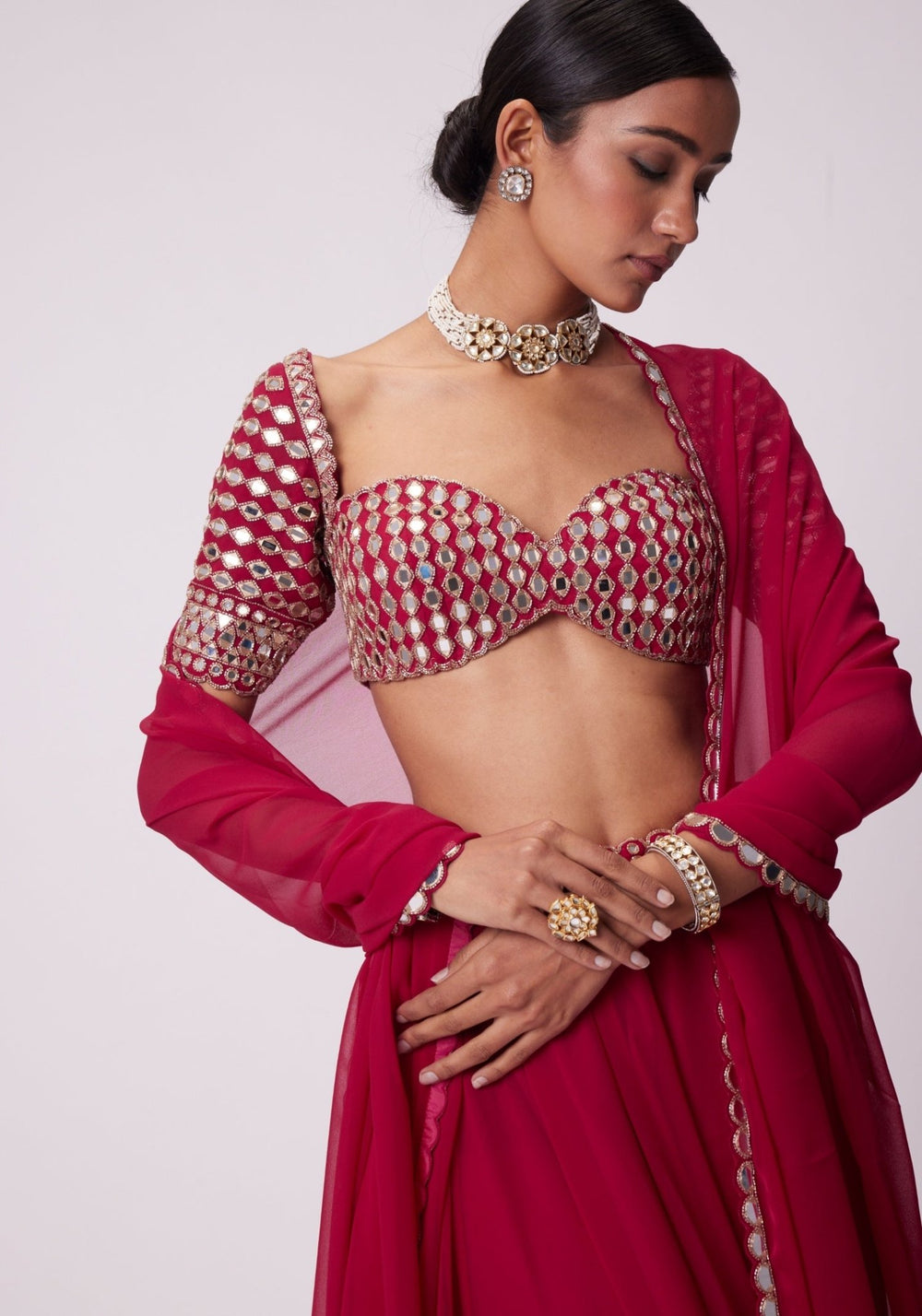 Red Georgette Lehenga Pants With Embroidered Elbow Sleeves Blouse Vvani by Vani Vats - Fabilicious Fashion