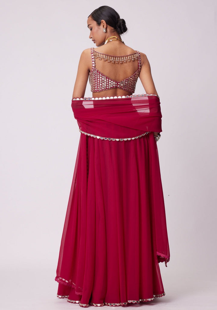 Red Georgette Lehenga Pants With Embroidered Sleeveless Blouse Vvani by Vani Vats - Fabilicious Fashion