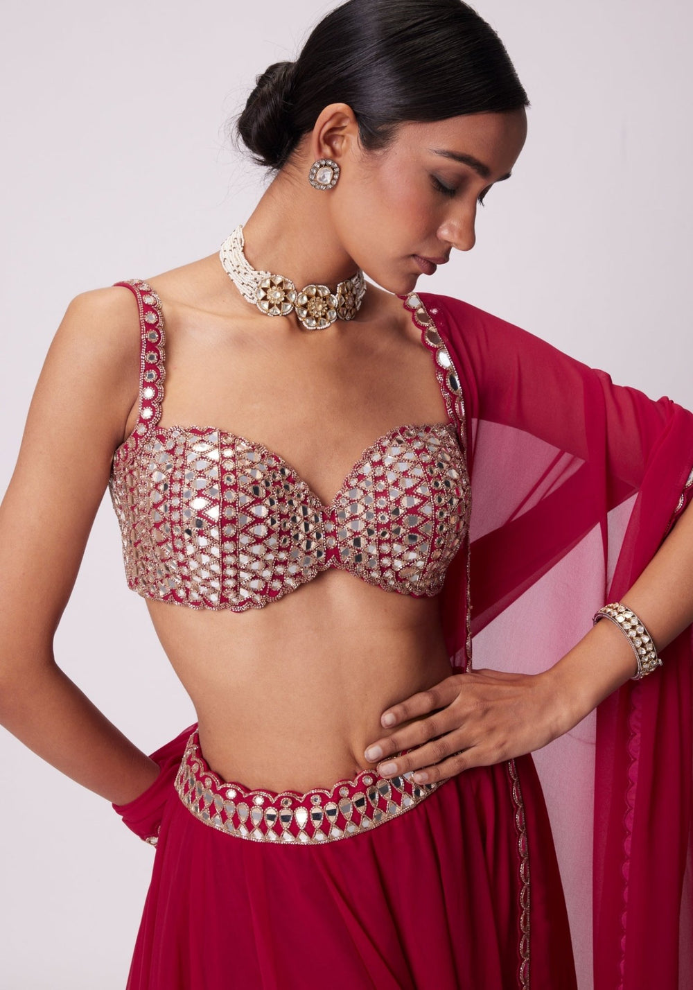 Red Georgette Lehenga Pants With Embroidered Sleeveless Blouse Vvani by Vani Vats - Fabilicious Fashion