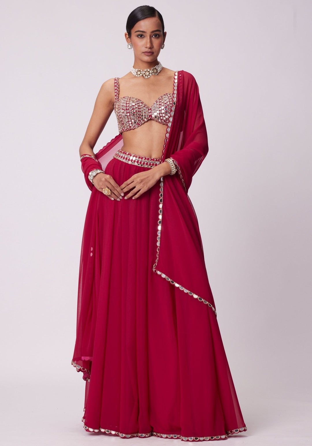 Red Georgette Lehenga Pants With Embroidered Sleeveless Blouse Vvani by Vani Vats - Fabilicious Fashion
