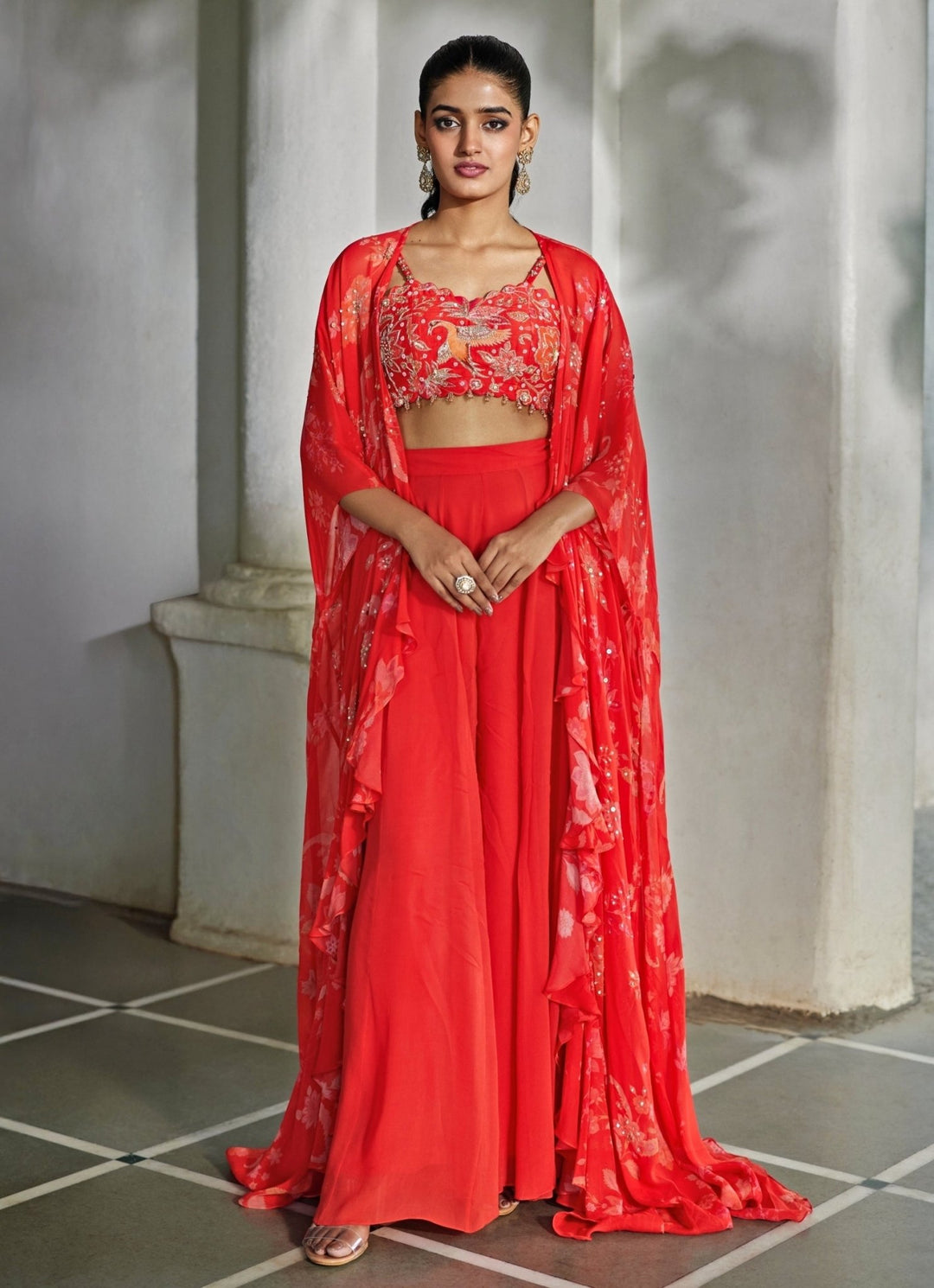 Red Georgette Palazzo Jacket Set Paulmi and Harsh - Fabilicious Fashion