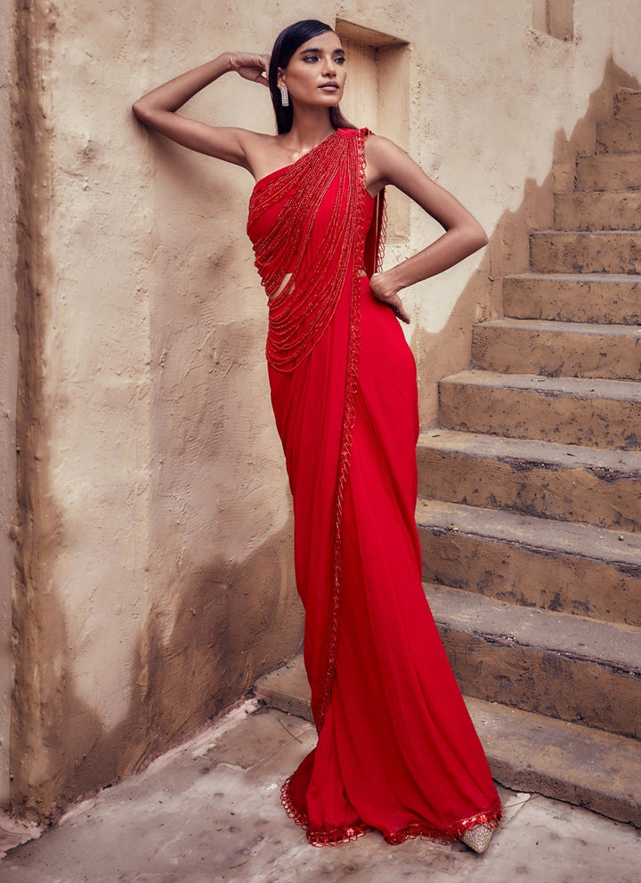 Nidhika Shekhar Red Georgette Pre-Draped Saree SetFabilicious Fashion