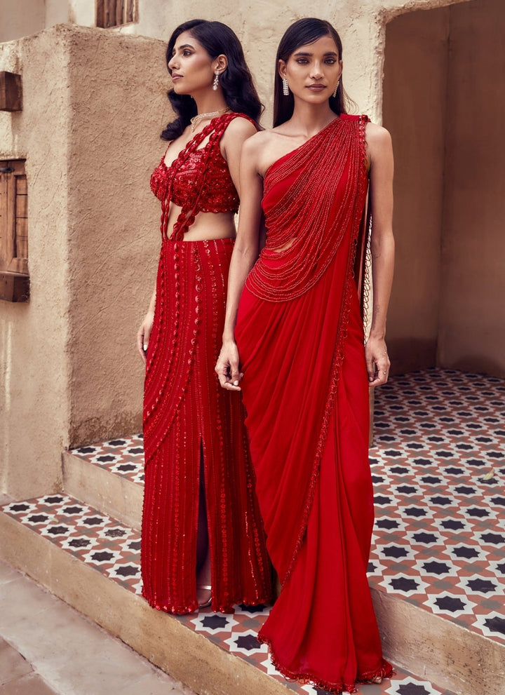 Nidhika Shekhar Red Georgette Pre-Draped Saree SetFabilicious Fashion