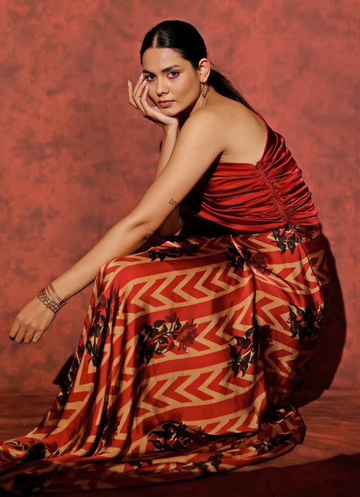 Studio Surbhi Red Georgette Satin One-Shoulder GownFabilicious Fashion