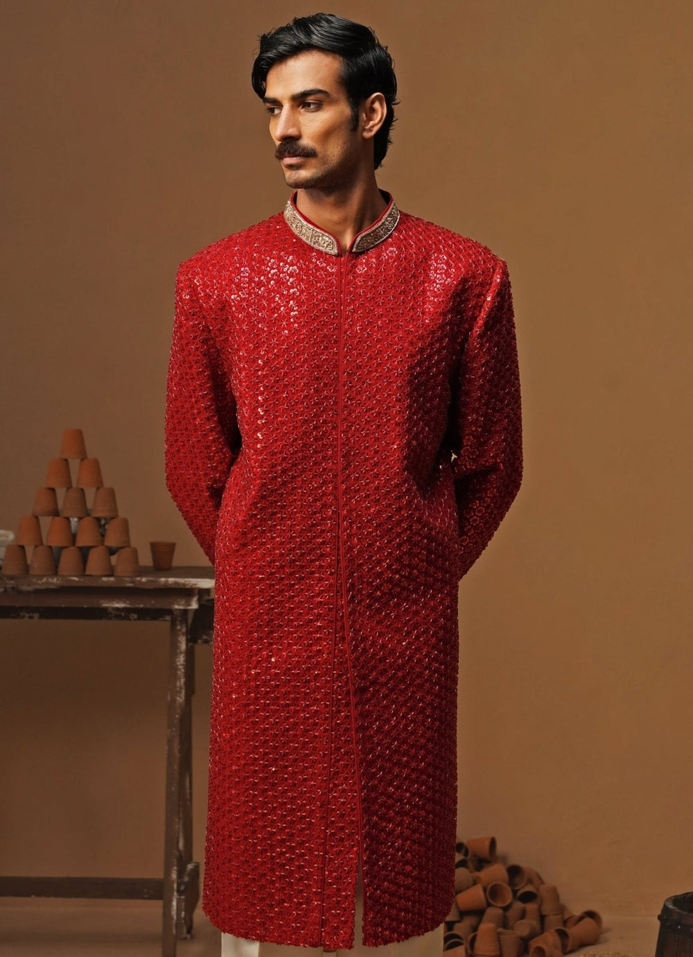 Kalpraag Red Georgette Sherwani SetFabilicious Fashion