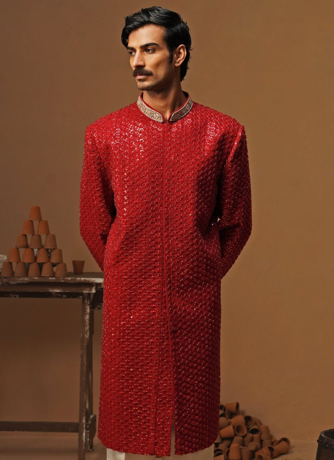 Kalpraag Red Georgette Sherwani SetFabilicious Fashion