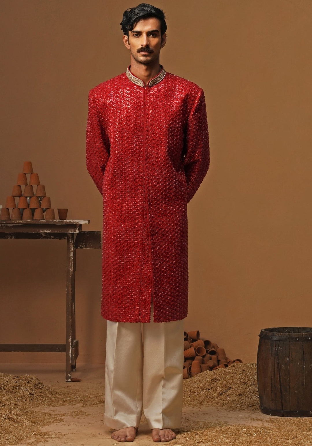 Kalpraag Red Georgette Sherwani SetFabilicious Fashion
