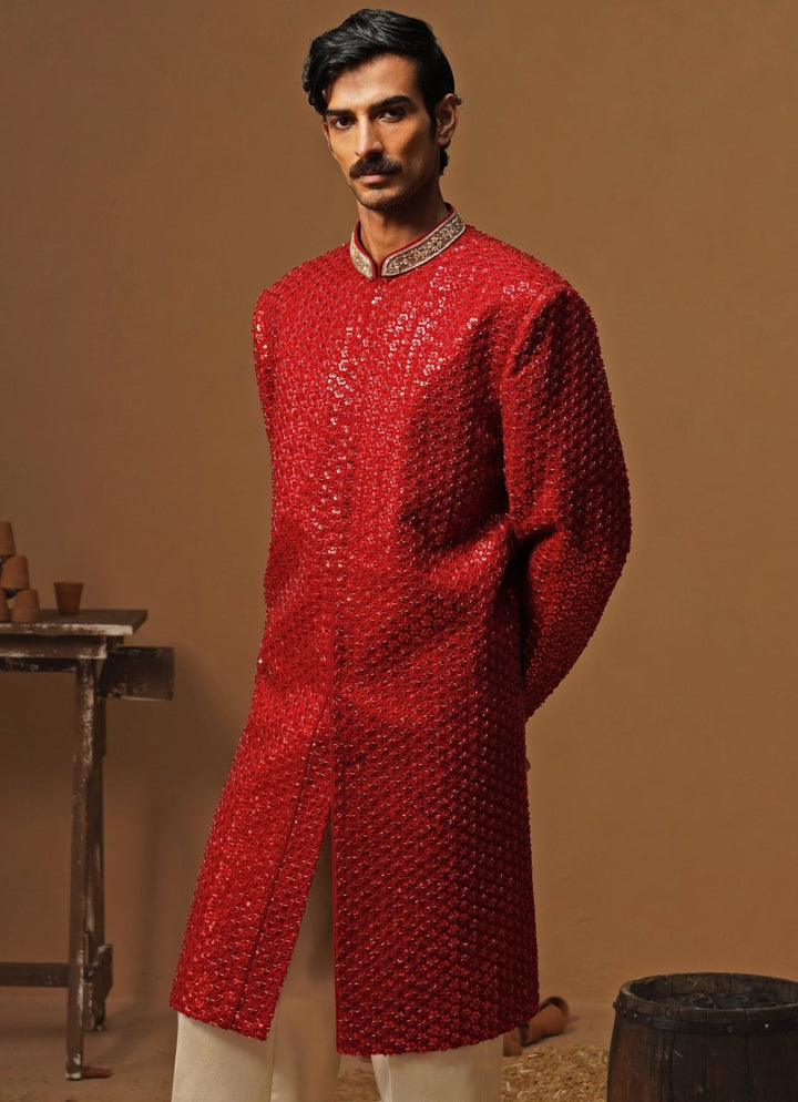 Kalpraag Red Georgette Sherwani SetFabilicious Fashion