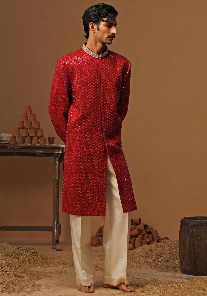 Kalpraag Red Georgette Sherwani SetFabilicious Fashion