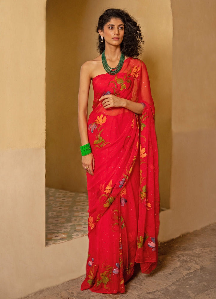 Geroo Jaipur Red Hand Painted Chiffon Pre - Draped Saree SetFabilicious Fashion