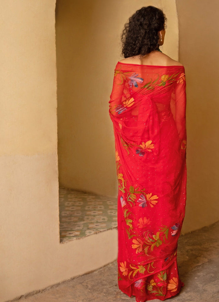 Geroo Jaipur Red Hand Painted Chiffon Pre - Draped Saree SetFabilicious Fashion