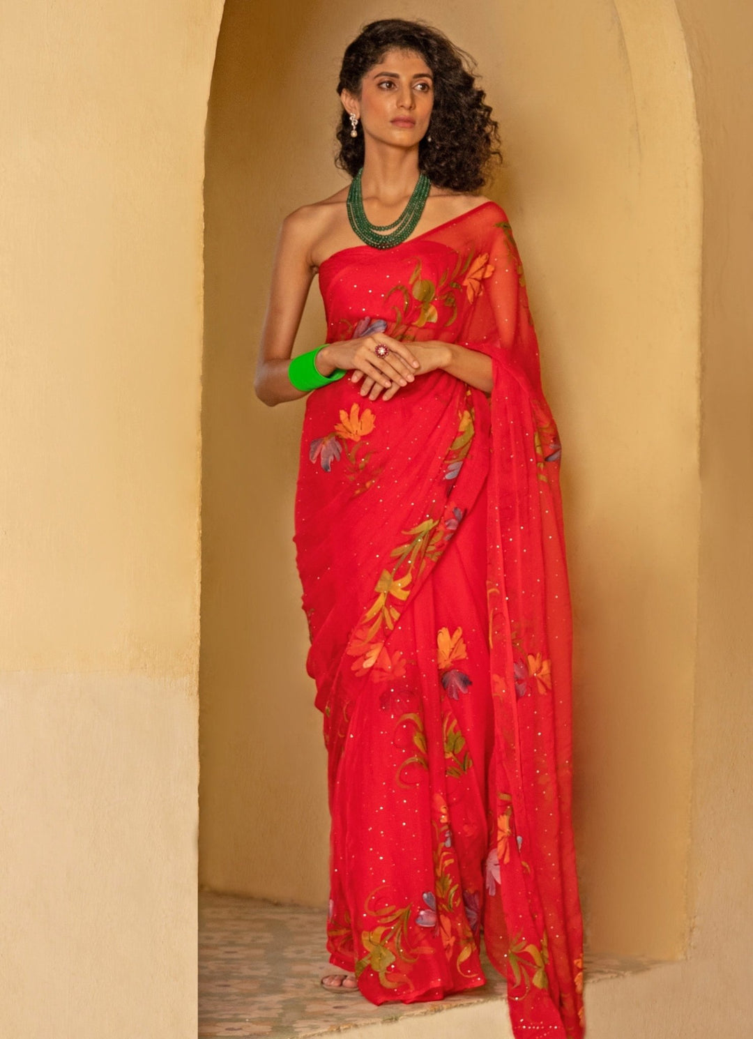 Geroo Jaipur Red Hand Painted Chiffon Pre - Draped Saree SetFabilicious Fashion