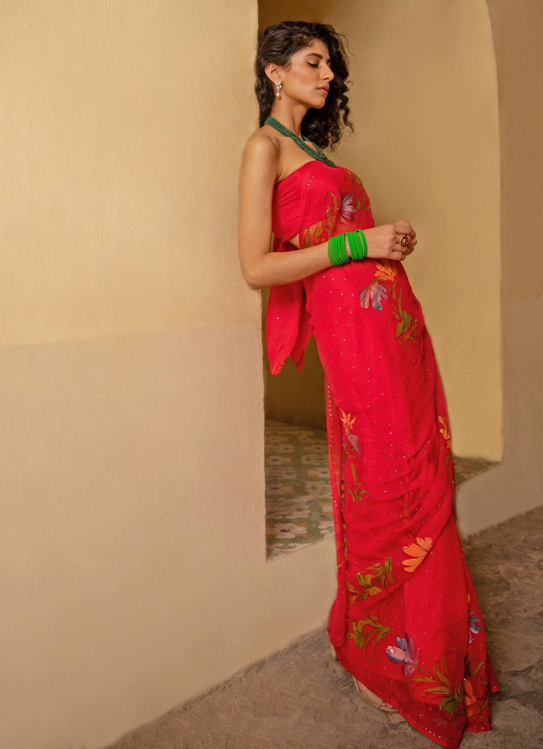 Geroo Jaipur Red Hand Painted Chiffon Pre - Draped Saree SetFabilicious Fashion