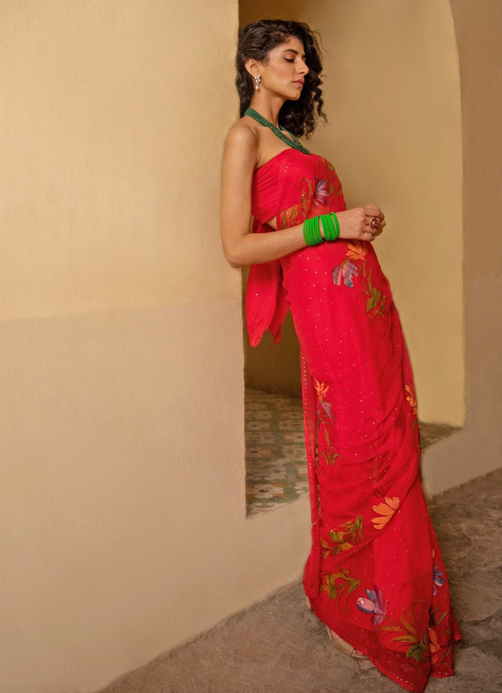 Geroo Jaipur Red Hand Painted Chiffon Pre - Draped Saree SetFabilicious Fashion