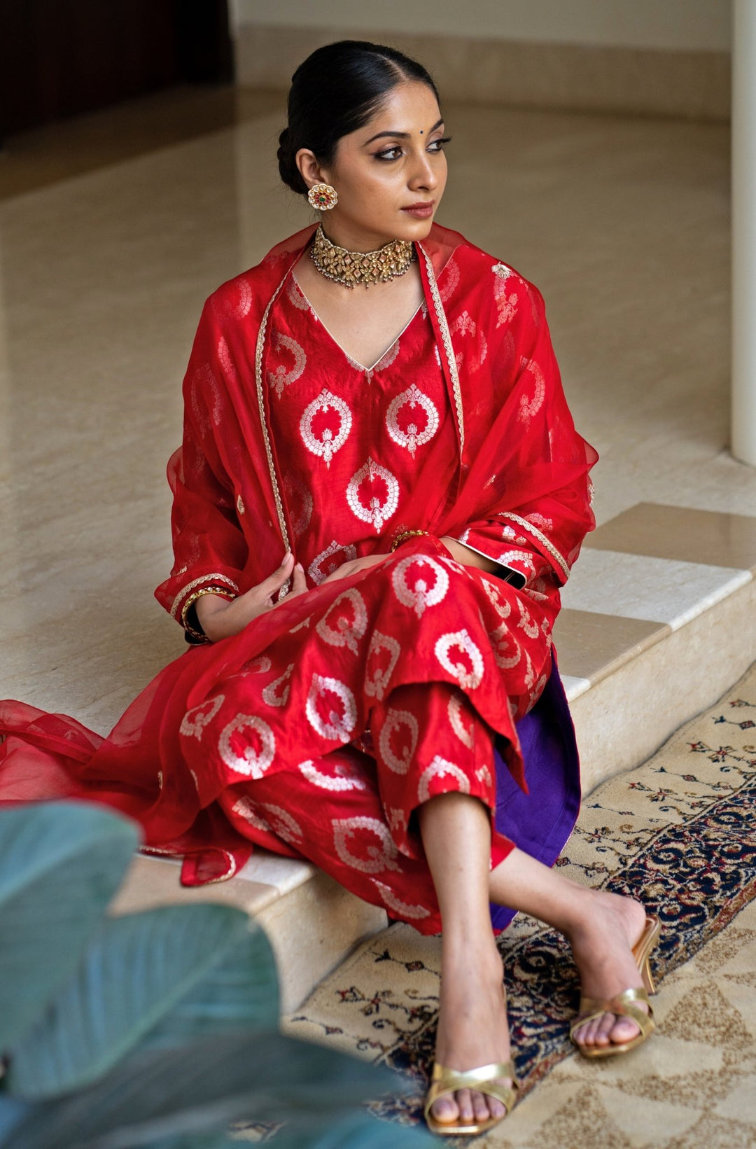 Red Handwoven Butti Silk Kurta Pant Set Sobariko - Fabilicious Fashion