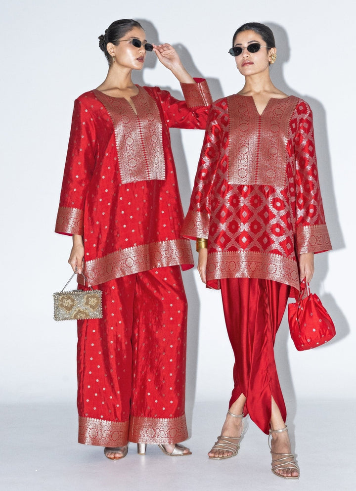 Red Jaal Silk Kurta Dhoti Set Sobariko - Fabilicious Fashion