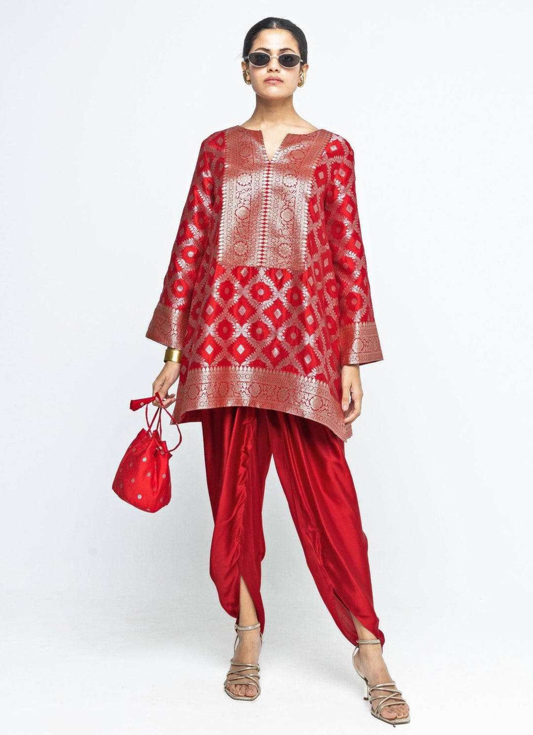 Red Jaal Silk Kurta Dhoti Set Sobariko - Fabilicious Fashion