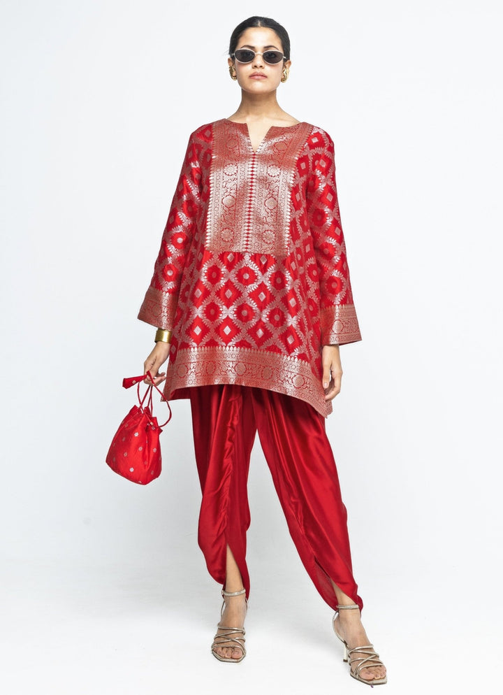 Red Jaal Silk Kurta Dhoti Set Sobariko - Fabilicious Fashion