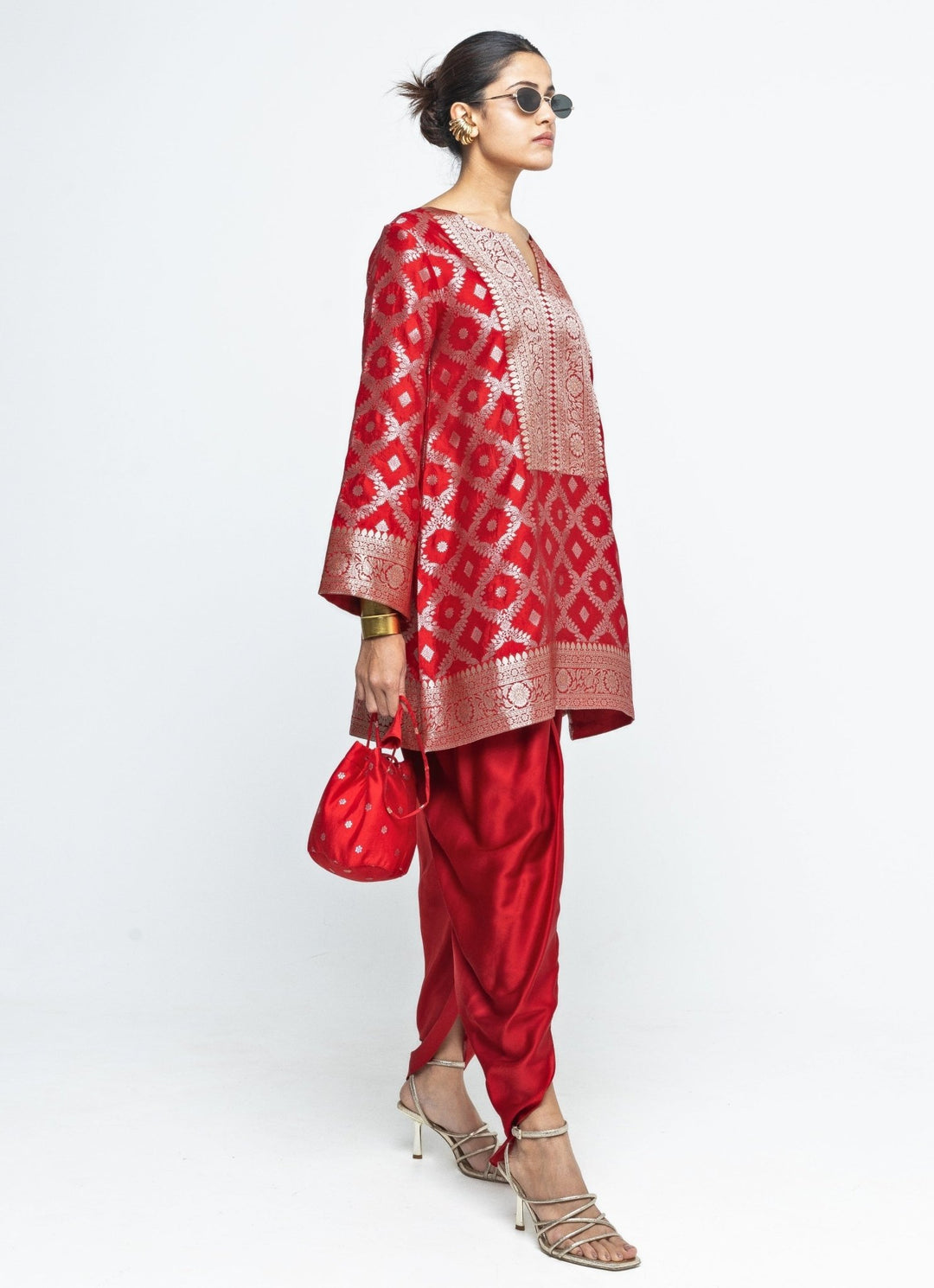 Red Jaal Silk Kurta Dhoti Set Sobariko - Fabilicious Fashion