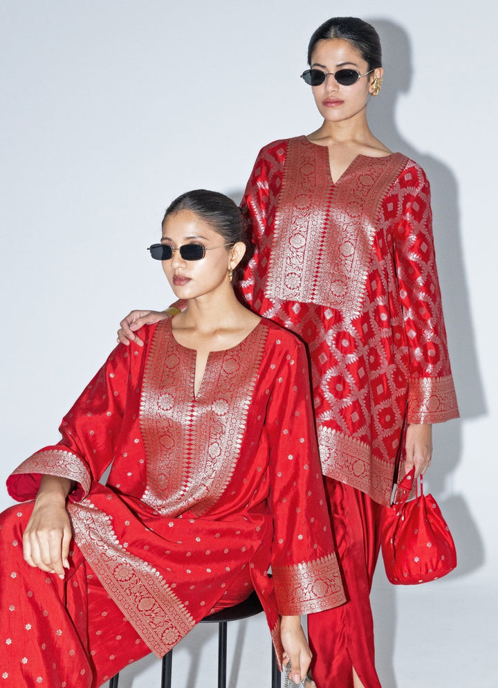 Red Jaal Silk Kurta Dhoti Set Sobariko - Fabilicious Fashion