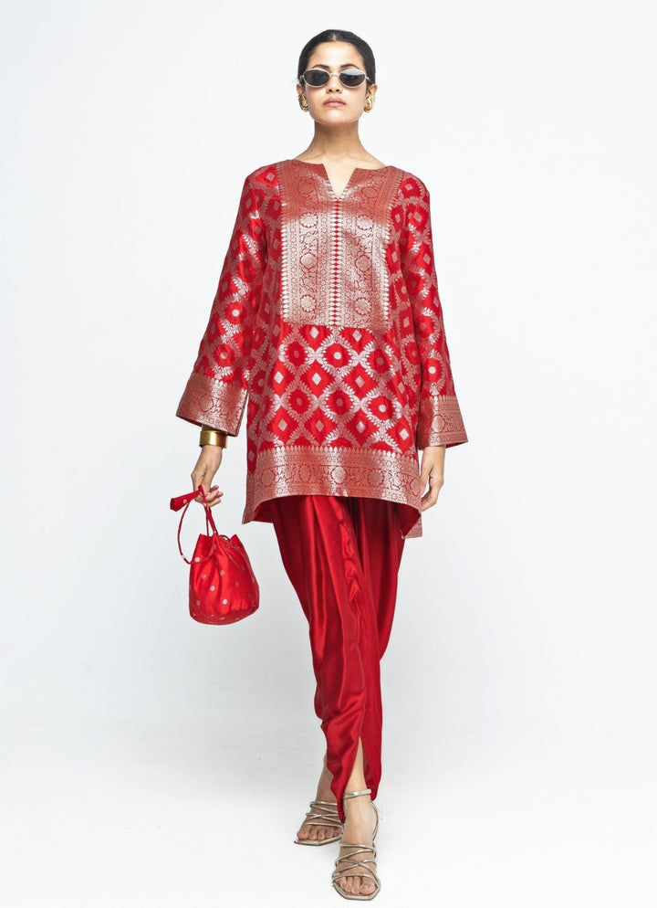 Red Jaal Silk Kurta Dhoti Set Sobariko - Fabilicious Fashion