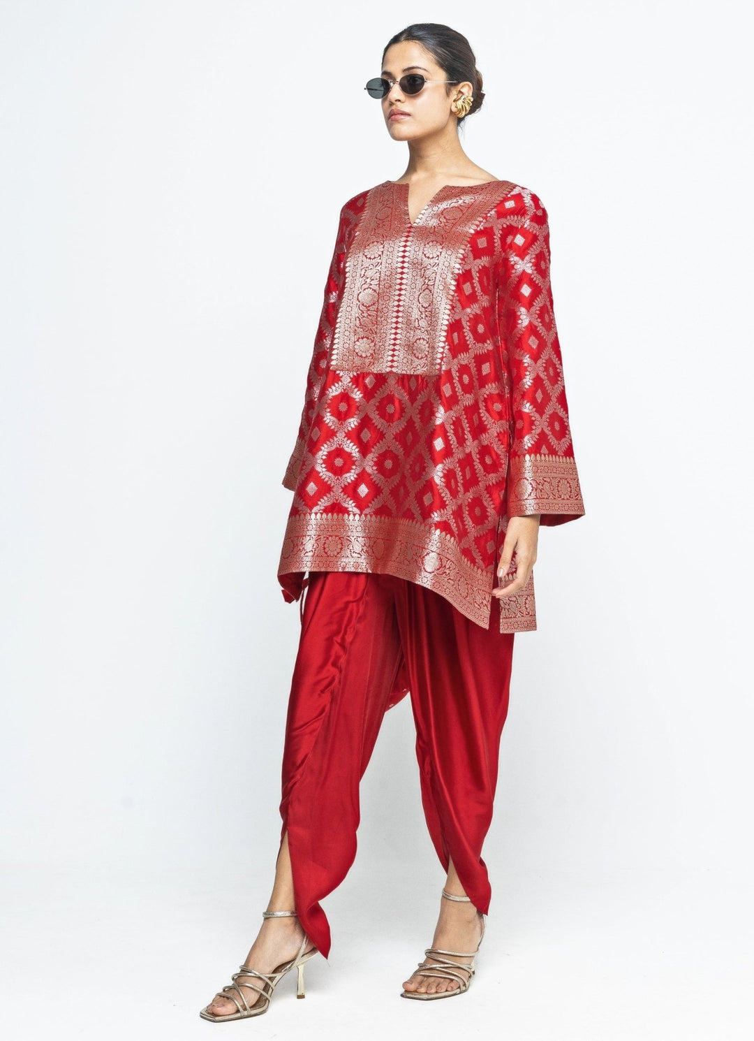 Red Jaal Silk Kurta Dhoti Set Sobariko - Fabilicious Fashion