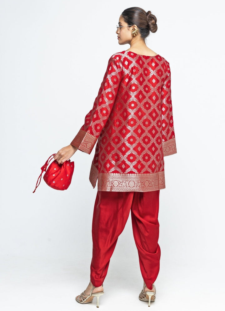 Red Jaal Silk Kurta Dhoti Set Sobariko - Fabilicious Fashion