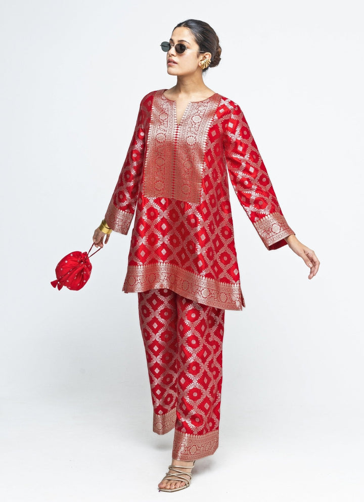 Red Jaal Silk Kurta Pants Set Sobariko - Fabilicious Fashion