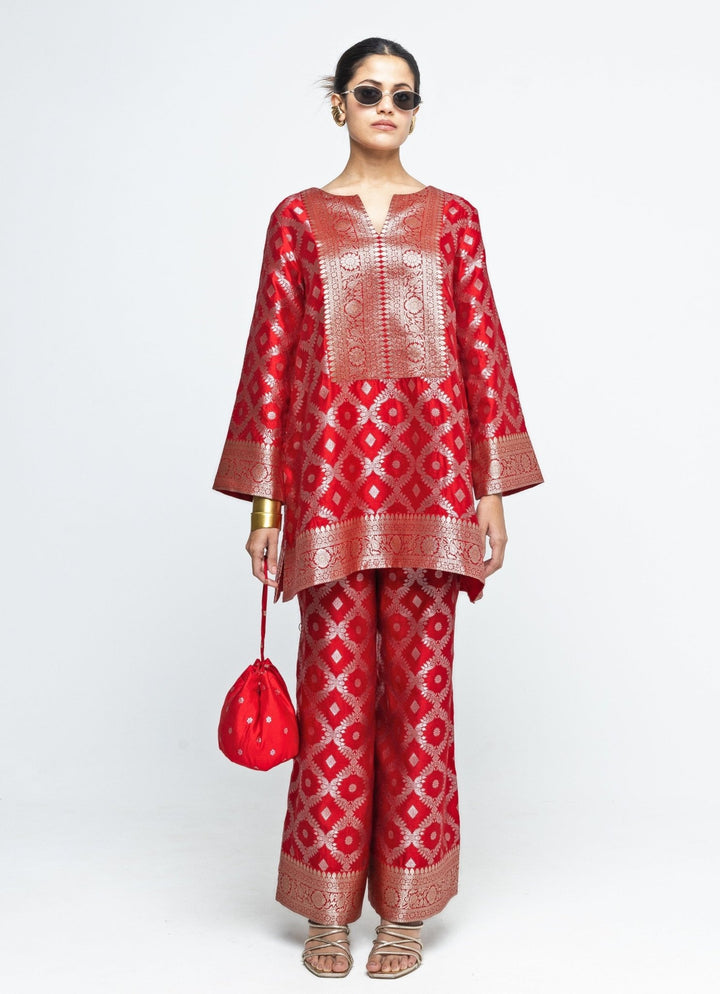 Red Jaal Silk Kurta Pants Set Sobariko - Fabilicious Fashion