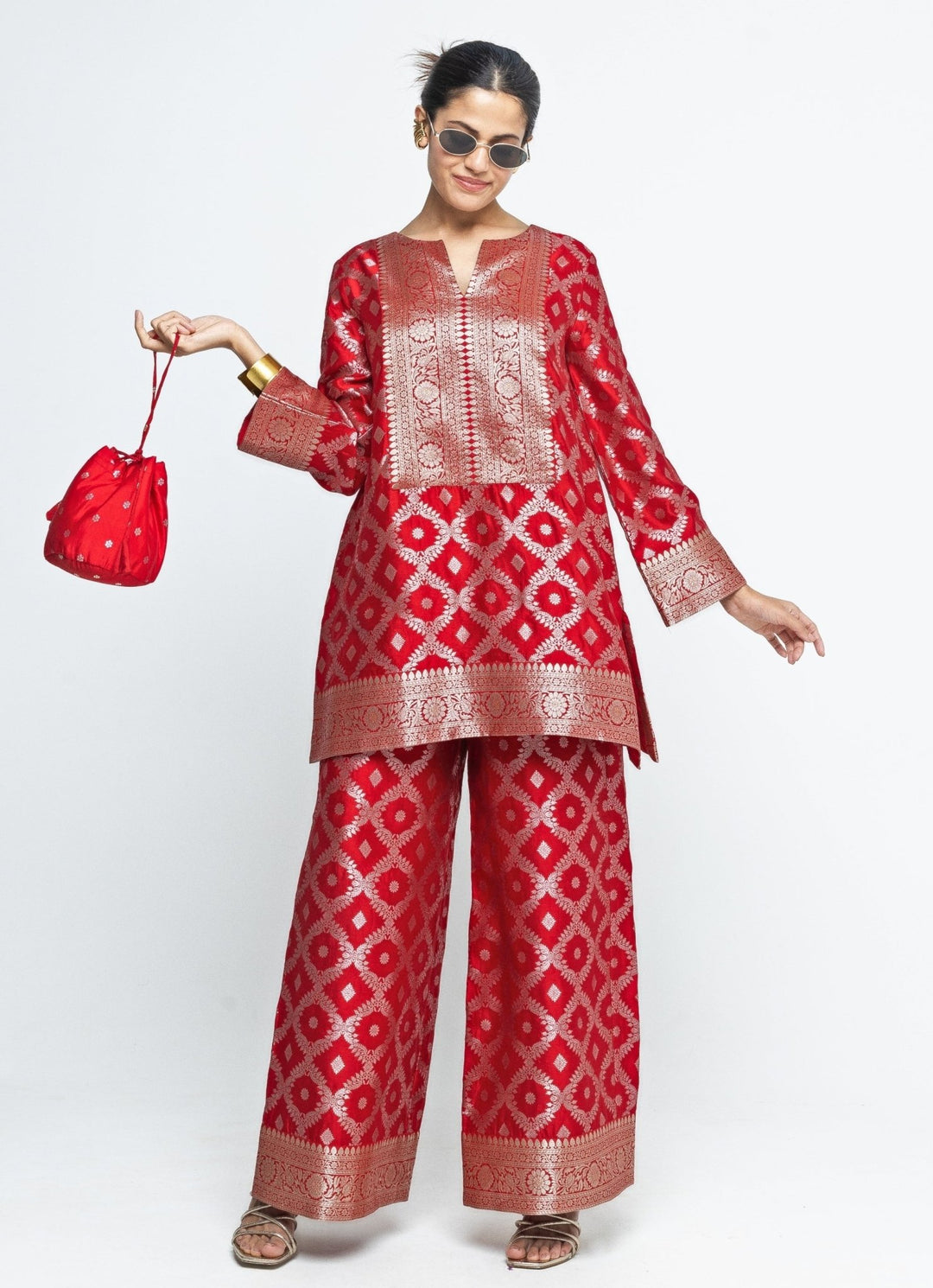 Red Jaal Silk Kurta Pants Set Sobariko - Fabilicious Fashion