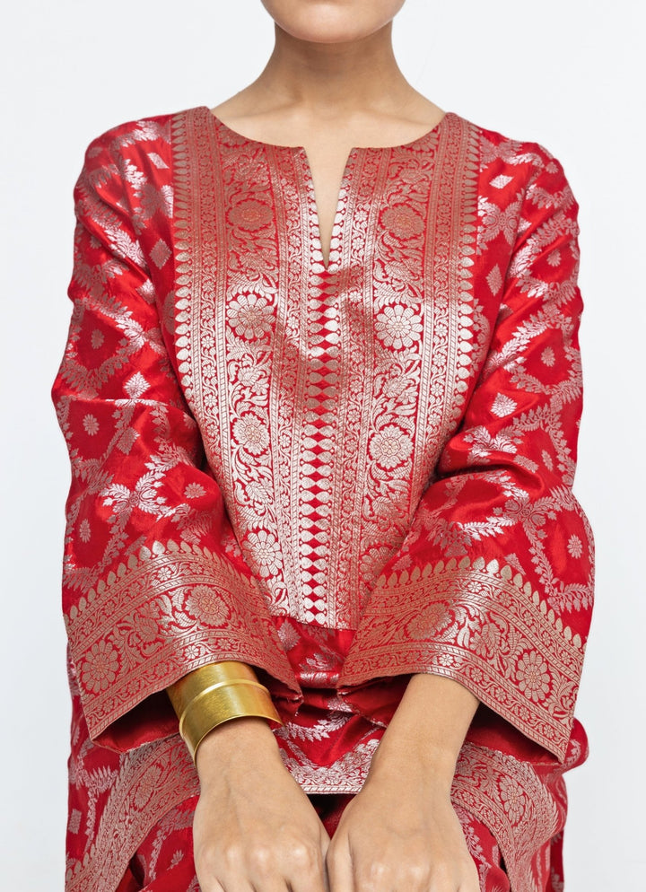 Red Jaal Silk Kurta Pants Set Sobariko - Fabilicious Fashion
