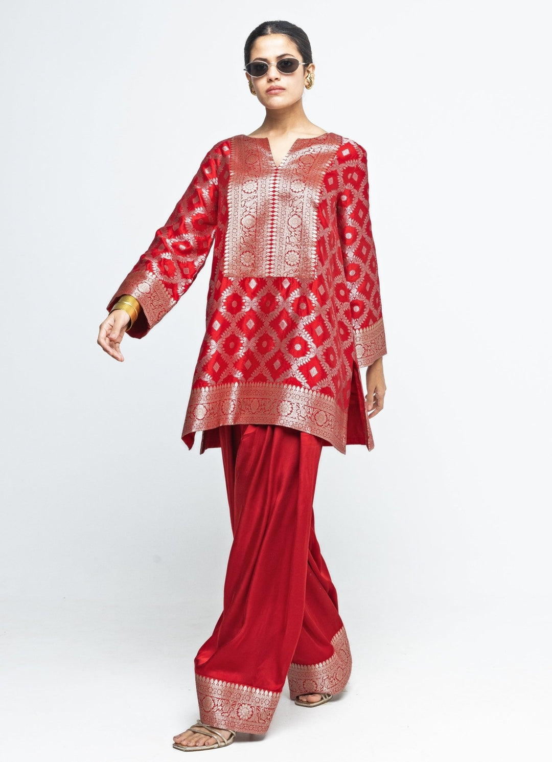 Red Jaal Silk Kurta Salwar Set Sobariko - Fabilicious Fashion