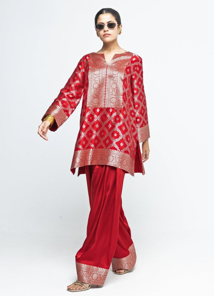 Red Jaal Silk Kurta Salwar Set Sobariko - Fabilicious Fashion