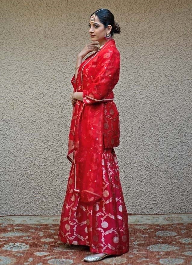 Red Jaal Weaved Silk Kurta Sharara Set Sobariko - Fabilicious Fashion