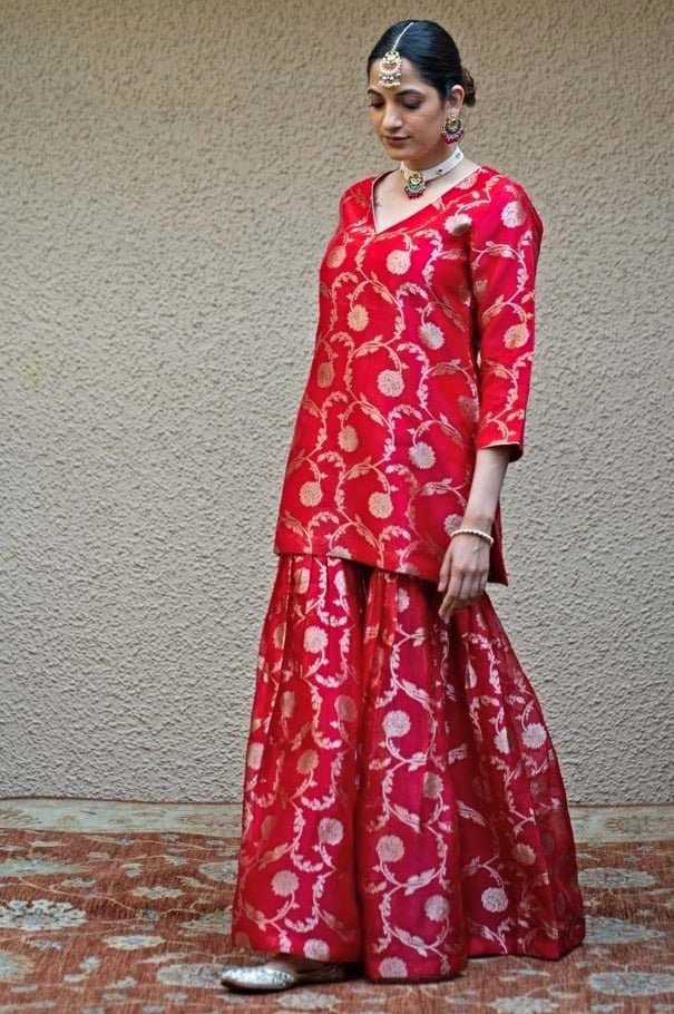 Red Jaal Weaved Silk Kurta Sharara Set Sobariko - Fabilicious Fashion