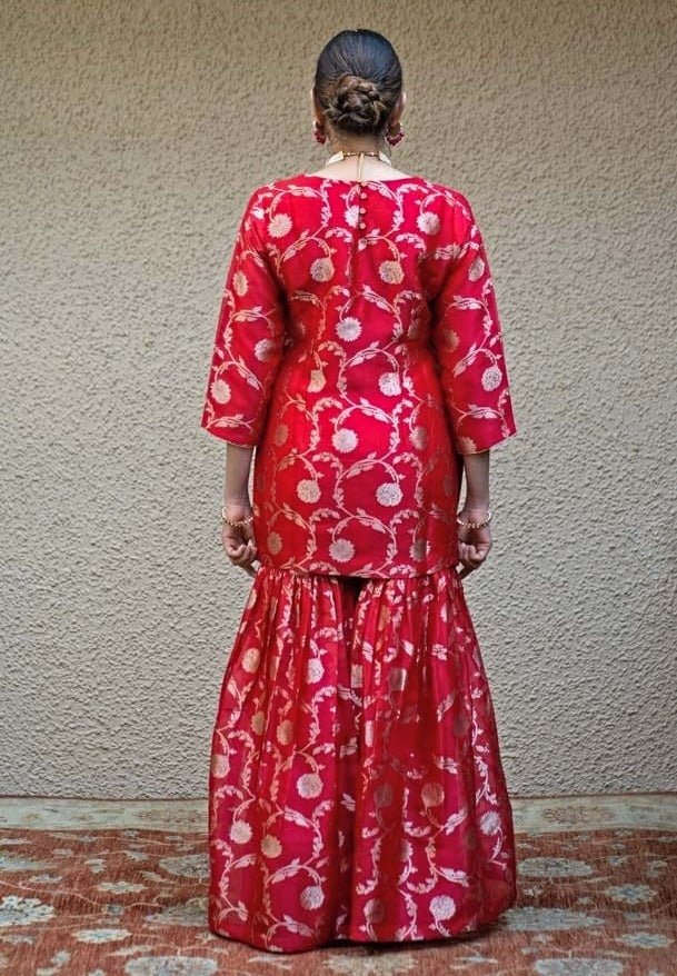 Red Jaal Weaved Silk Kurta Sharara Set Sobariko - Fabilicious Fashion
