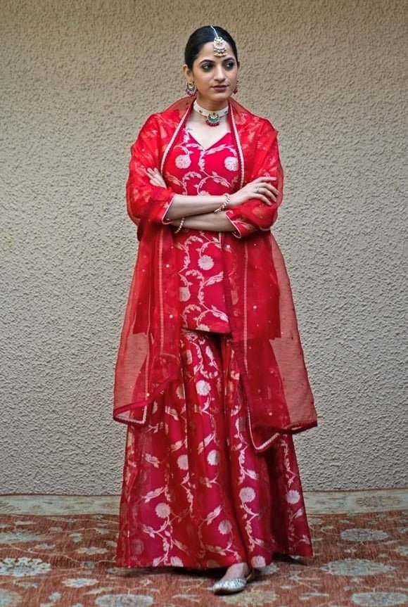 Red Jaal Weaved Silk Kurta Sharara Set Sobariko - Fabilicious Fashion
