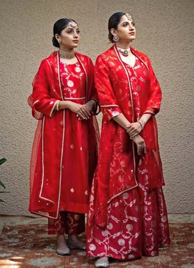 Red Jaal Weaved Silk Kurta Sharara Set Sobariko - Fabilicious Fashion