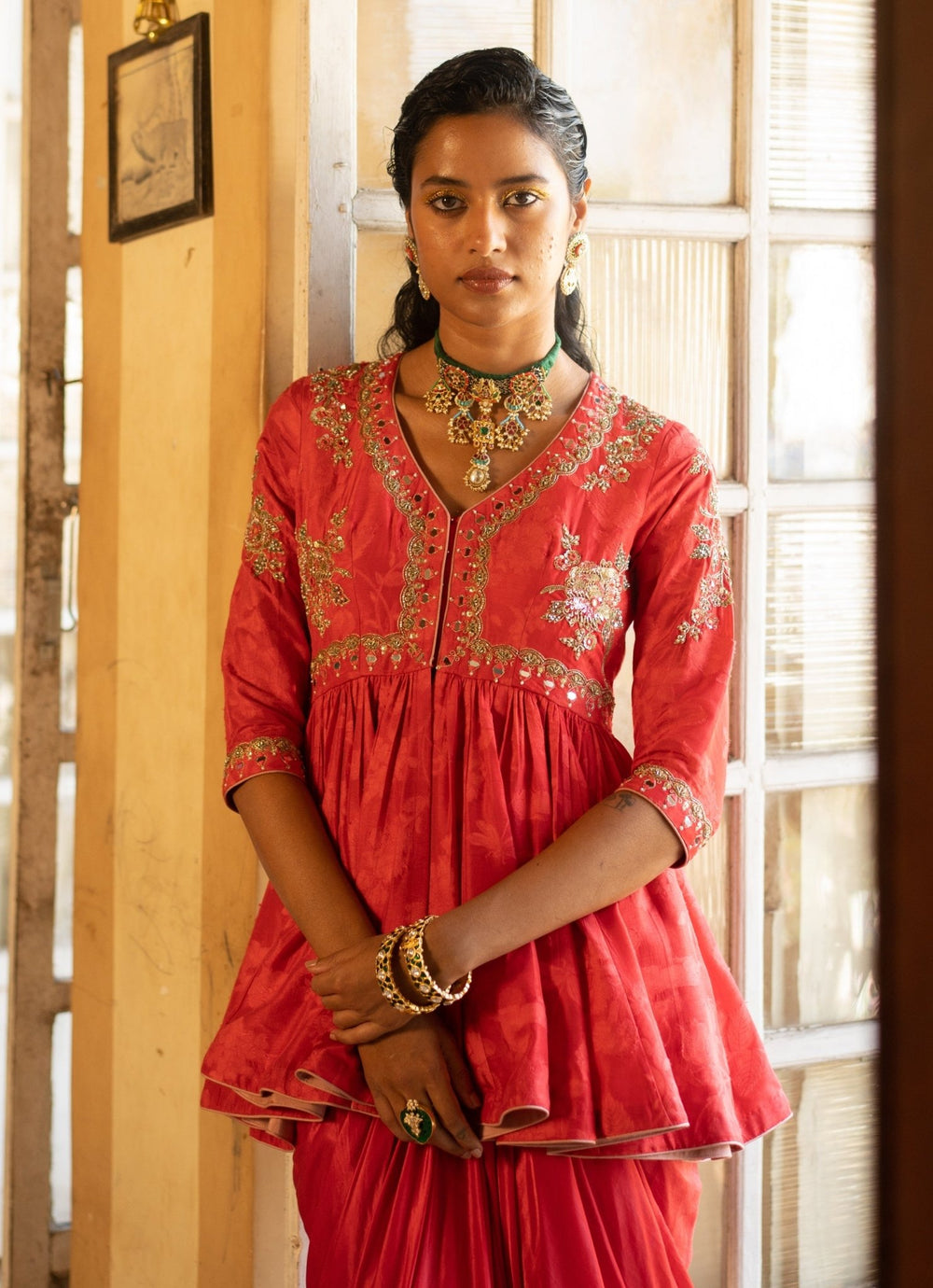 Red Jacquard Peplum Kurta With Drape Skirt Paulmi and Harsh - Fabilicious Fashion