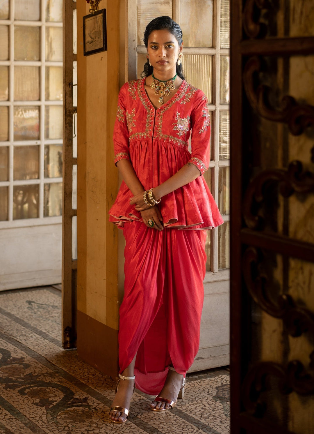 Red Jacquard Peplum Kurta With Drape Skirt Paulmi and Harsh - Fabilicious Fashion
