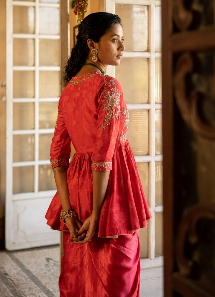 Red Jacquard Peplum Kurta With Drape Skirt Paulmi and Harsh - Fabilicious Fashion