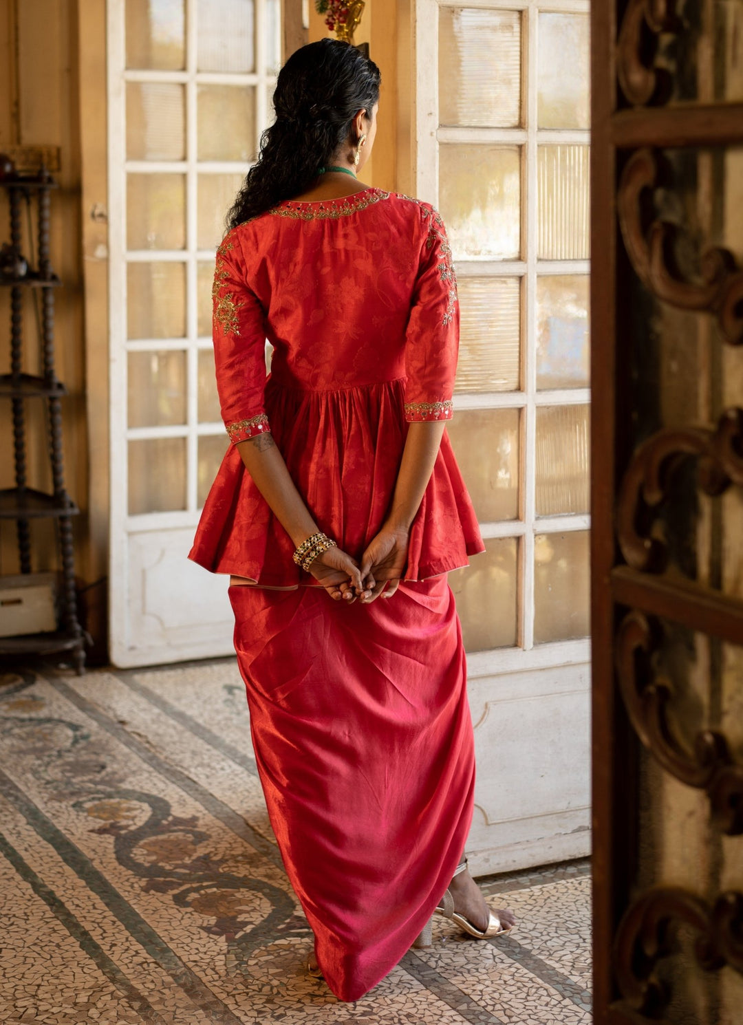 Red Jacquard Peplum Kurta With Drape Skirt Paulmi and Harsh - Fabilicious Fashion
