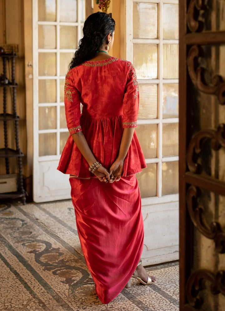 Red Jacquard Peplum Kurta With Drape Skirt Paulmi and Harsh - Fabilicious Fashion